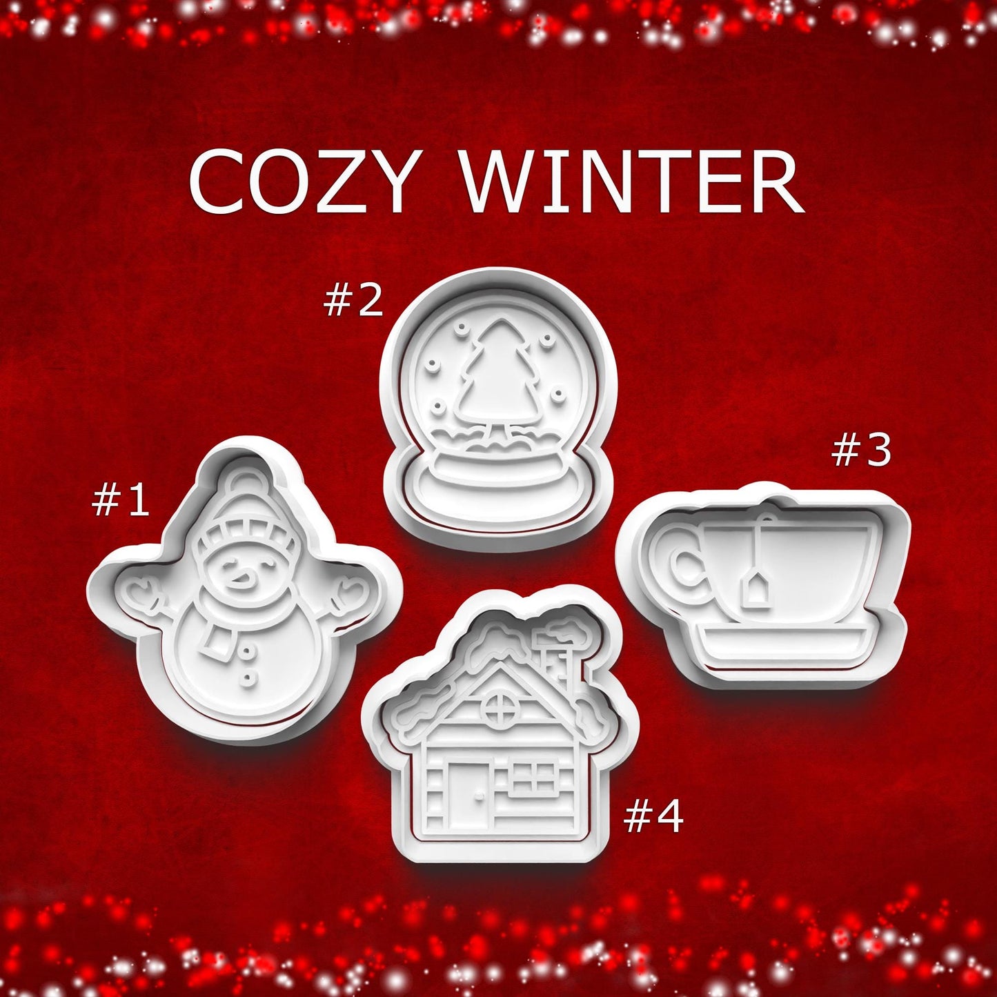 Cozy Winter Cookie Cutter Set – Snowman, Snow Globe, Tea Cup, Cabin