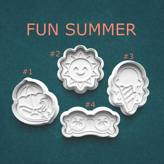 Set of four summer-themed cookie cutters on a teal background with 'Fun Summer' text.