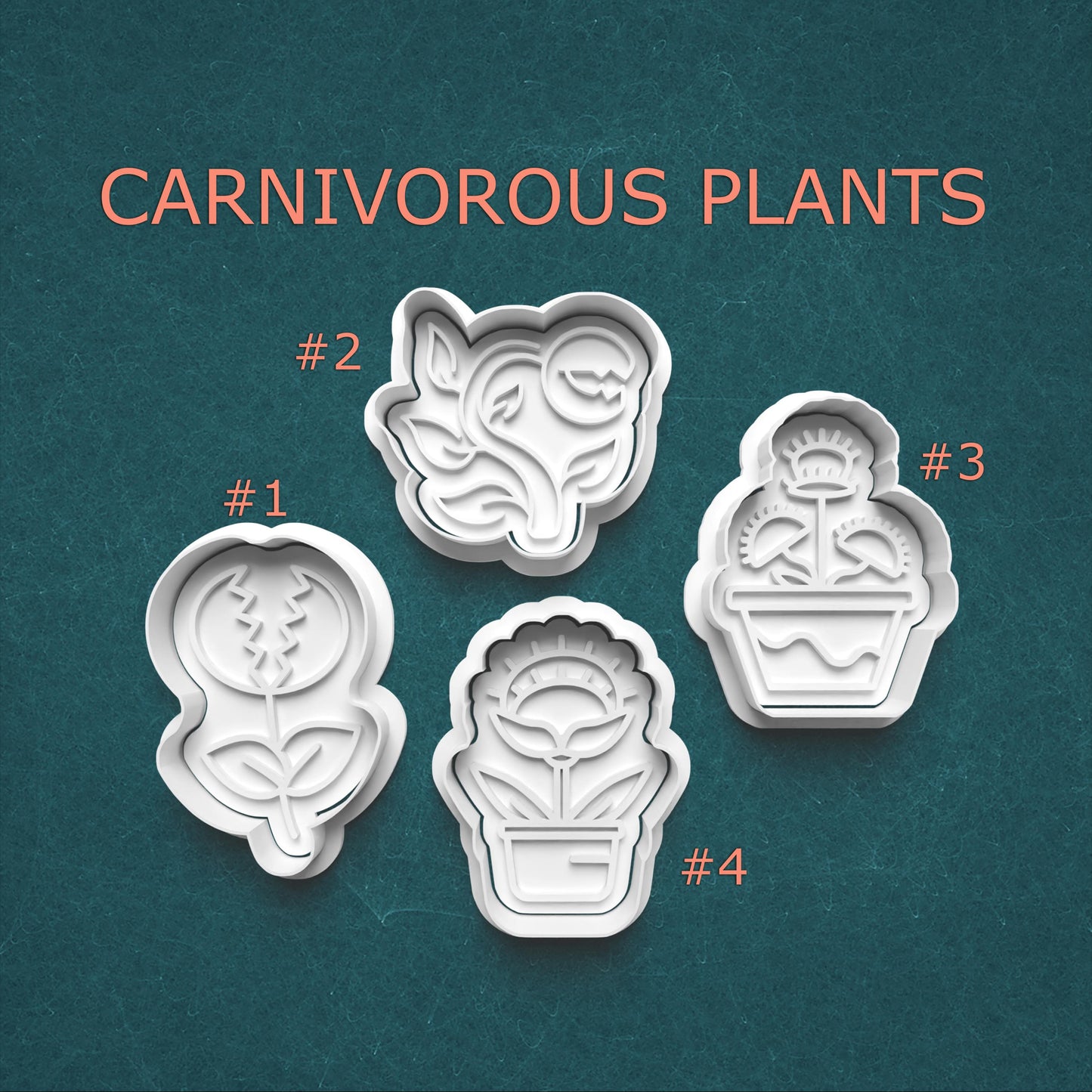 Set of four cookie cutters shaped like carnivorous plants on a teal background with 'Carnivorous Plants' text.