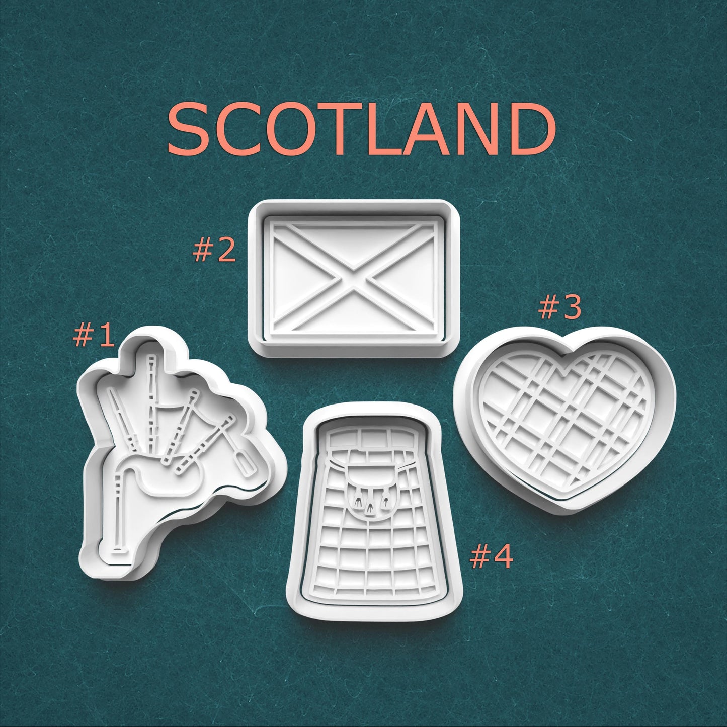 Scotland Cookie Cutter Set – Flag, Bagpipes, Kilt & Tartan Heart