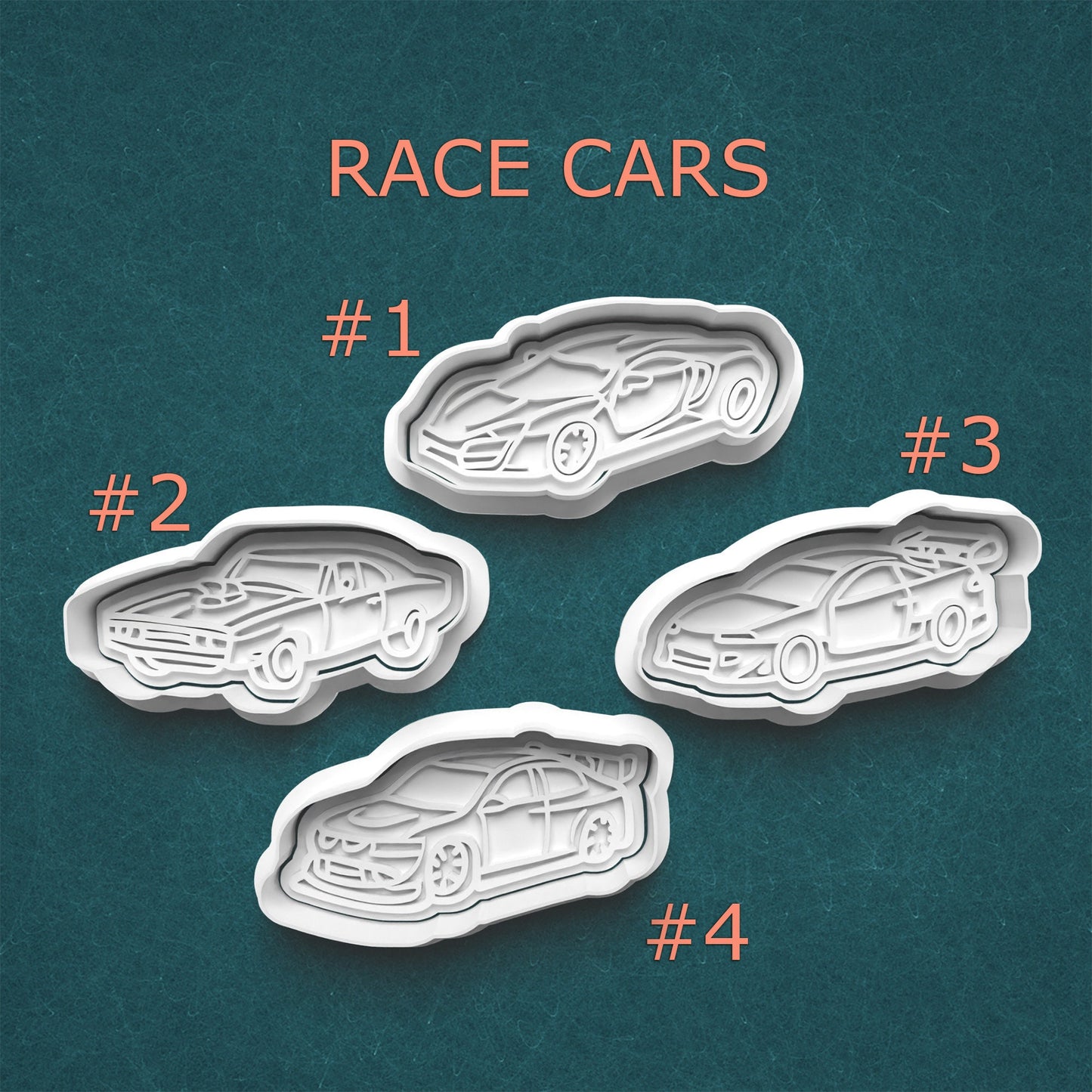 Four race car-shaped cookie cutters on a teal background with 'Race Cars' text above.