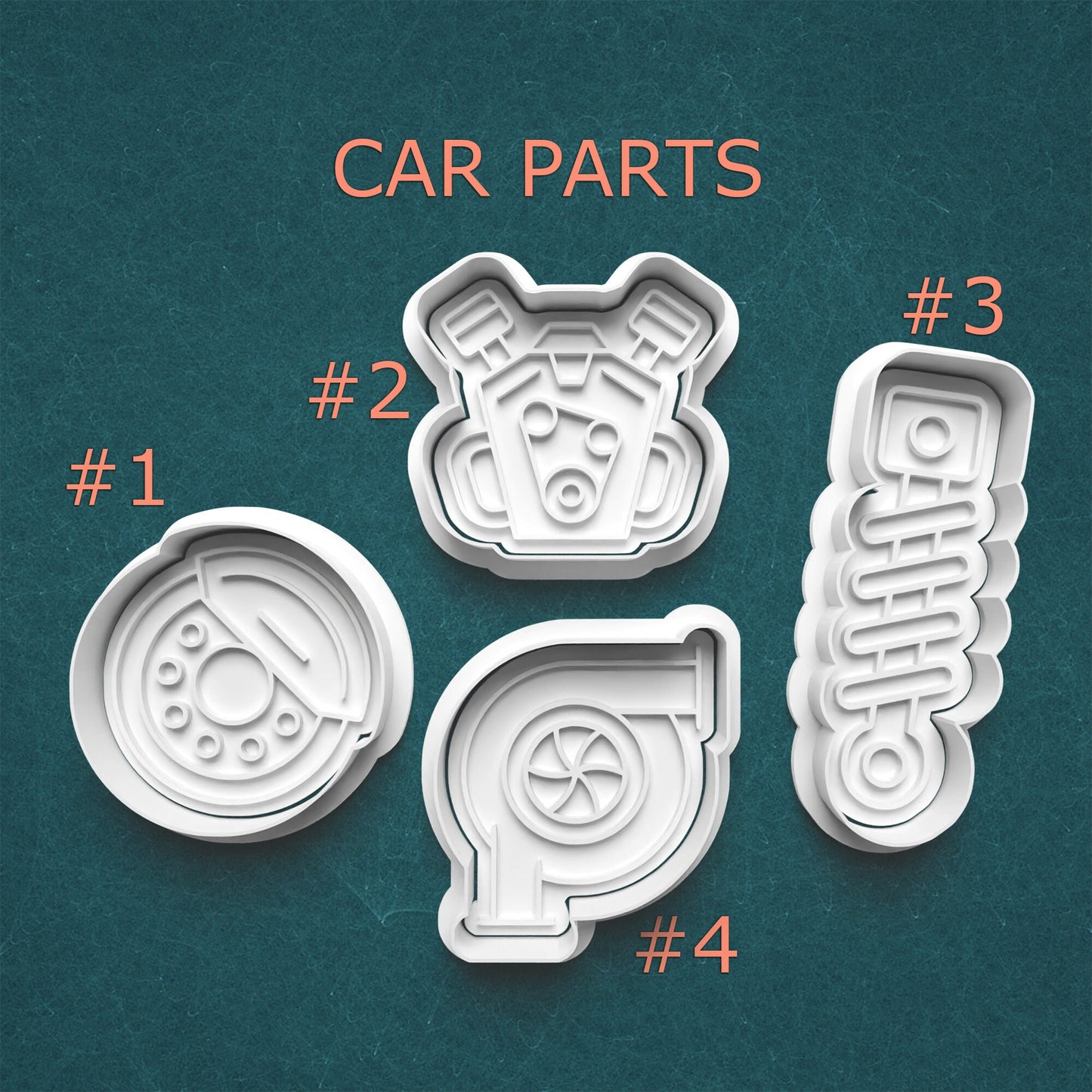 Set of car part-themed cookie cutters on a teal background