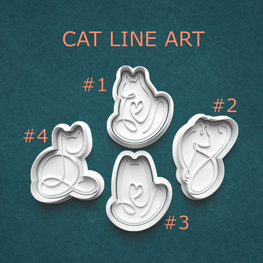 Four cat-shaped cookie cutters with 'Cat Line Art' branding on a teal background.