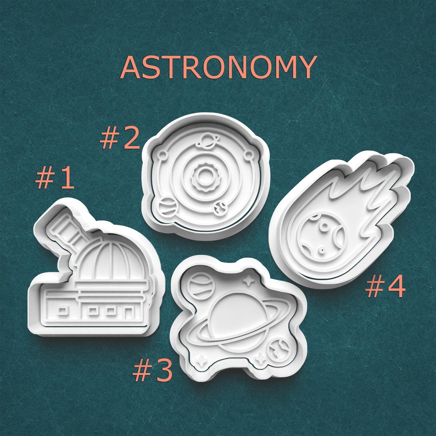 Four astronomy-themed cookie cutters on a teal background with 'Astronomy' text.