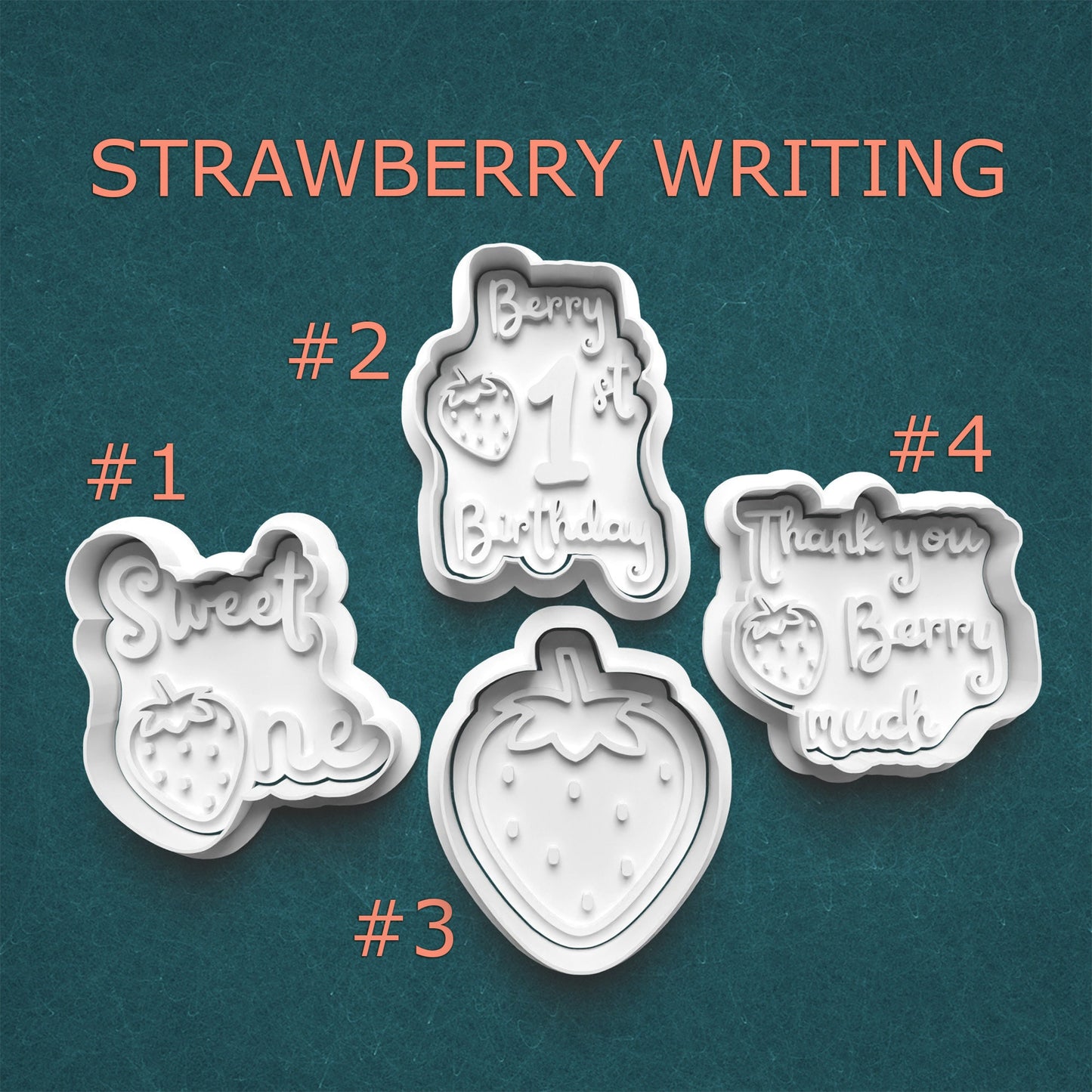 Set of strawberry-themed cookie cutters with text on a teal background