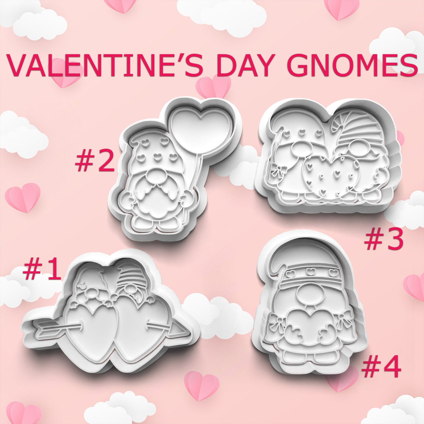 Valentine's Day gnome-themed cookie cutters on a pink background with hearts and clouds.