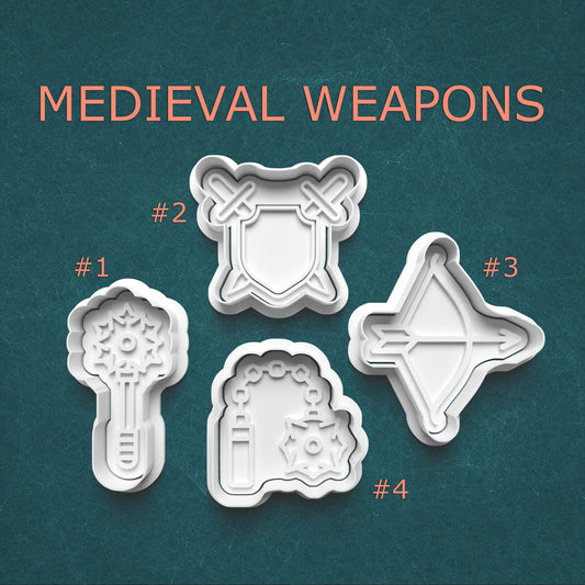 Set of four medieval weapon shapes on a teal background with 'MEDIEVAL WEAPONS' text.