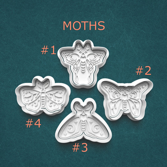 Four butterfly-shaped cookie cutters on a teal background with 'Moths' text above.