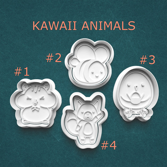 Set of four kawaii animal-shaped cookie cutters on a teal background with 'KAWAII ANIMALS' text.