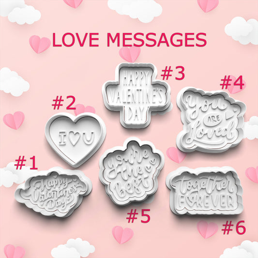 Set of Valentine's Day-themed cookie cutters on a pink background with hearts and clouds.