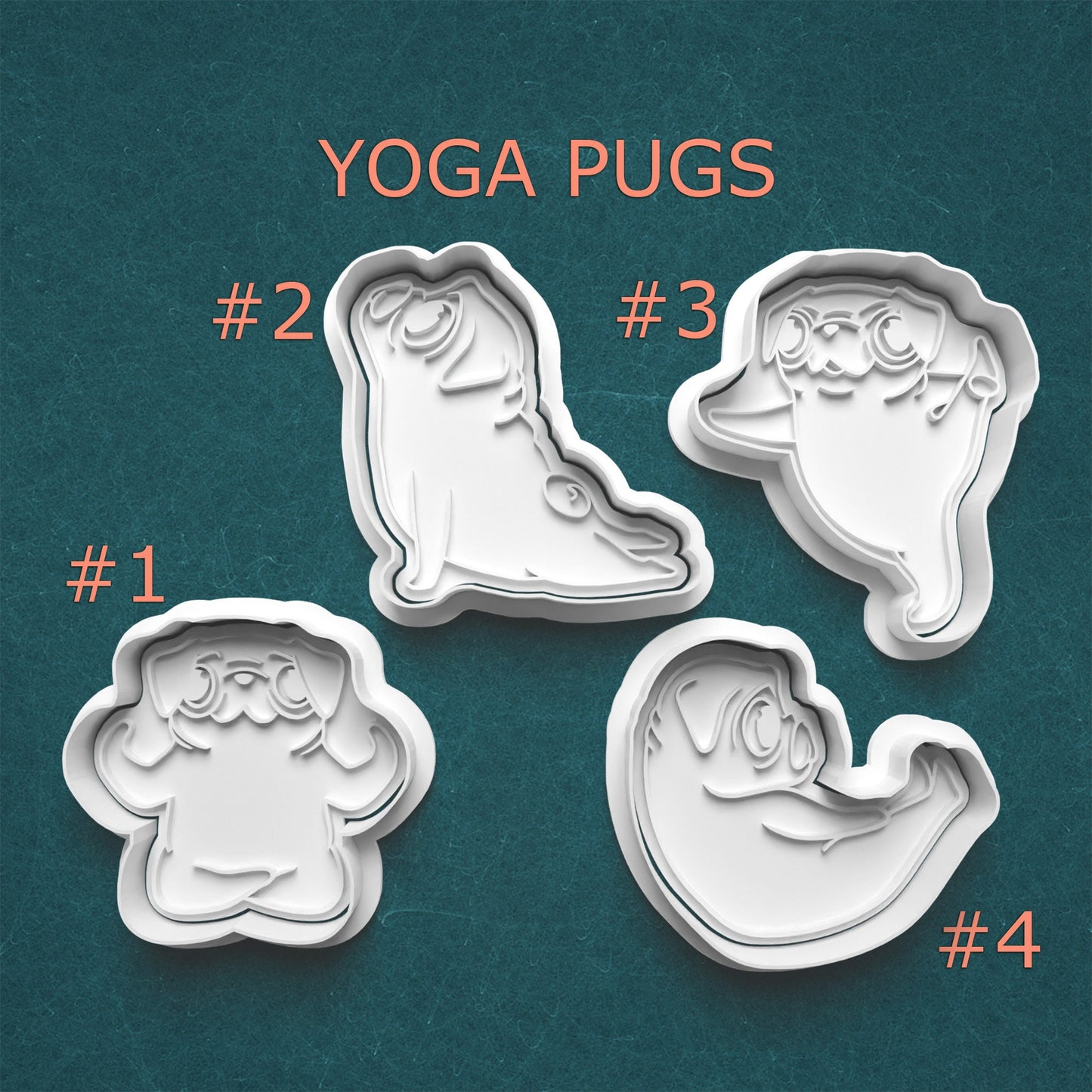 Four yoga pug cookie cutters on a teal background with 'Yoga Pugs' text above.
