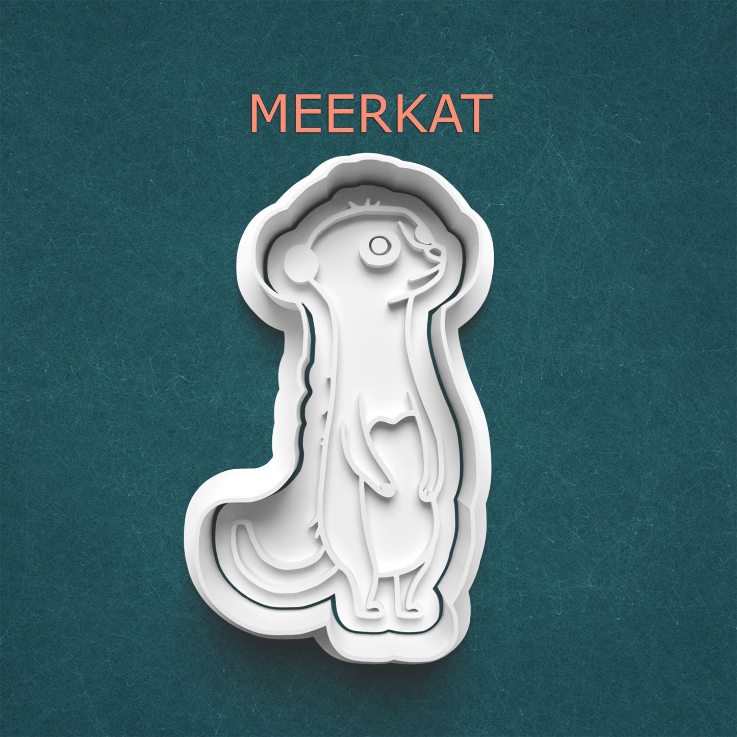 Meerkat-shaped cookie cutter on a teal background with 'MEERKAT' text.