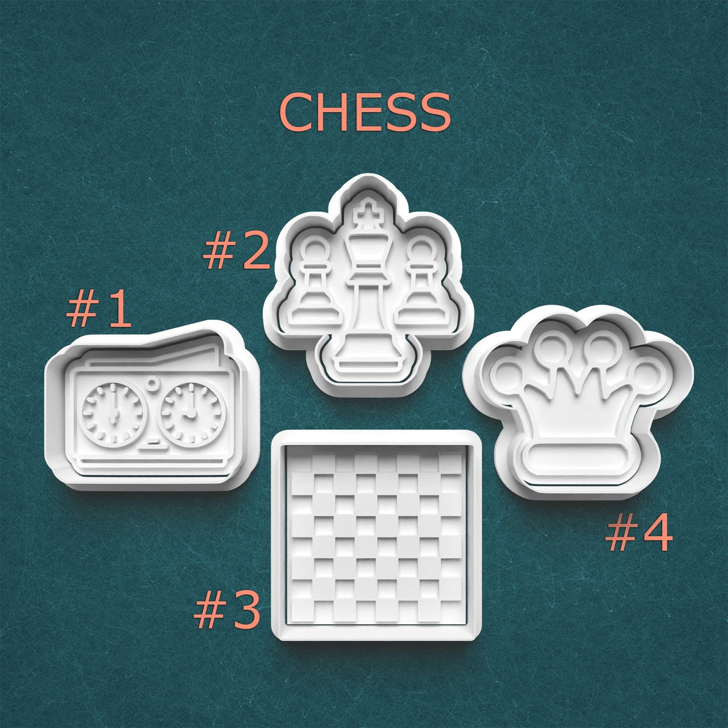 Set of four cookie cutters shaped like chess pieces and board on a teal background.
