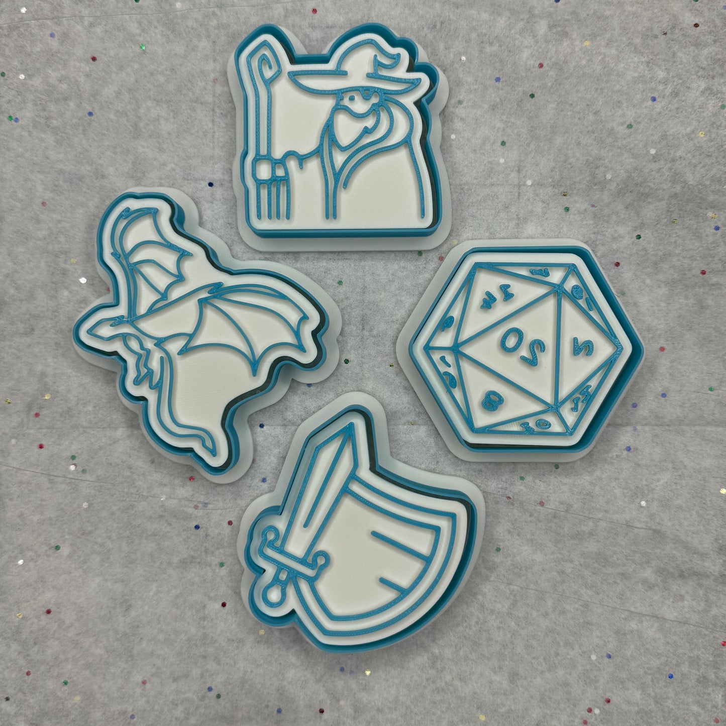 RPG Cookie Cutter & Stamp Set – 4-Piece Fantasy Gamer Collection with Dragon, D20, Sword & Wizard