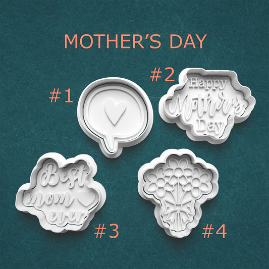 Four cookie cutters with 'Mother's Day' designs on a teal background