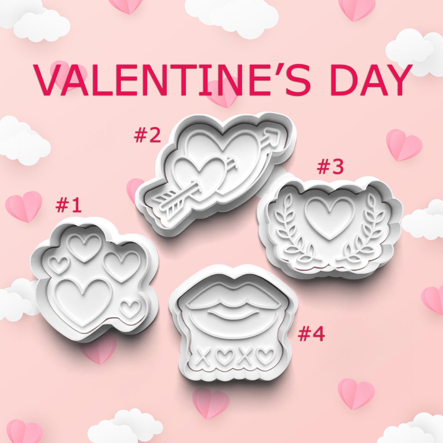 Set of Valentine's Day cookie cutters on a pink background with hearts and clouds.