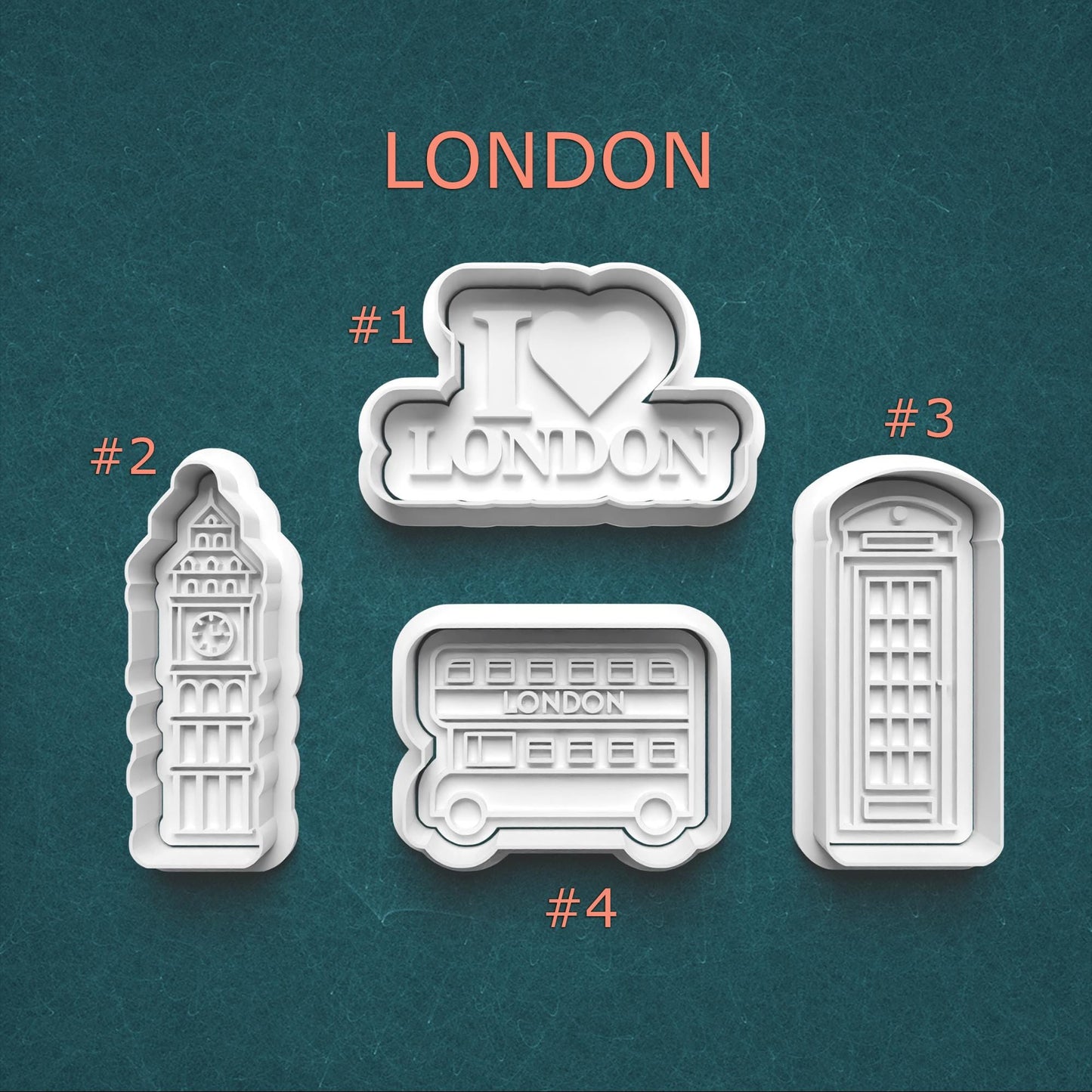 Set of London-themed cookie cutters on a teal background