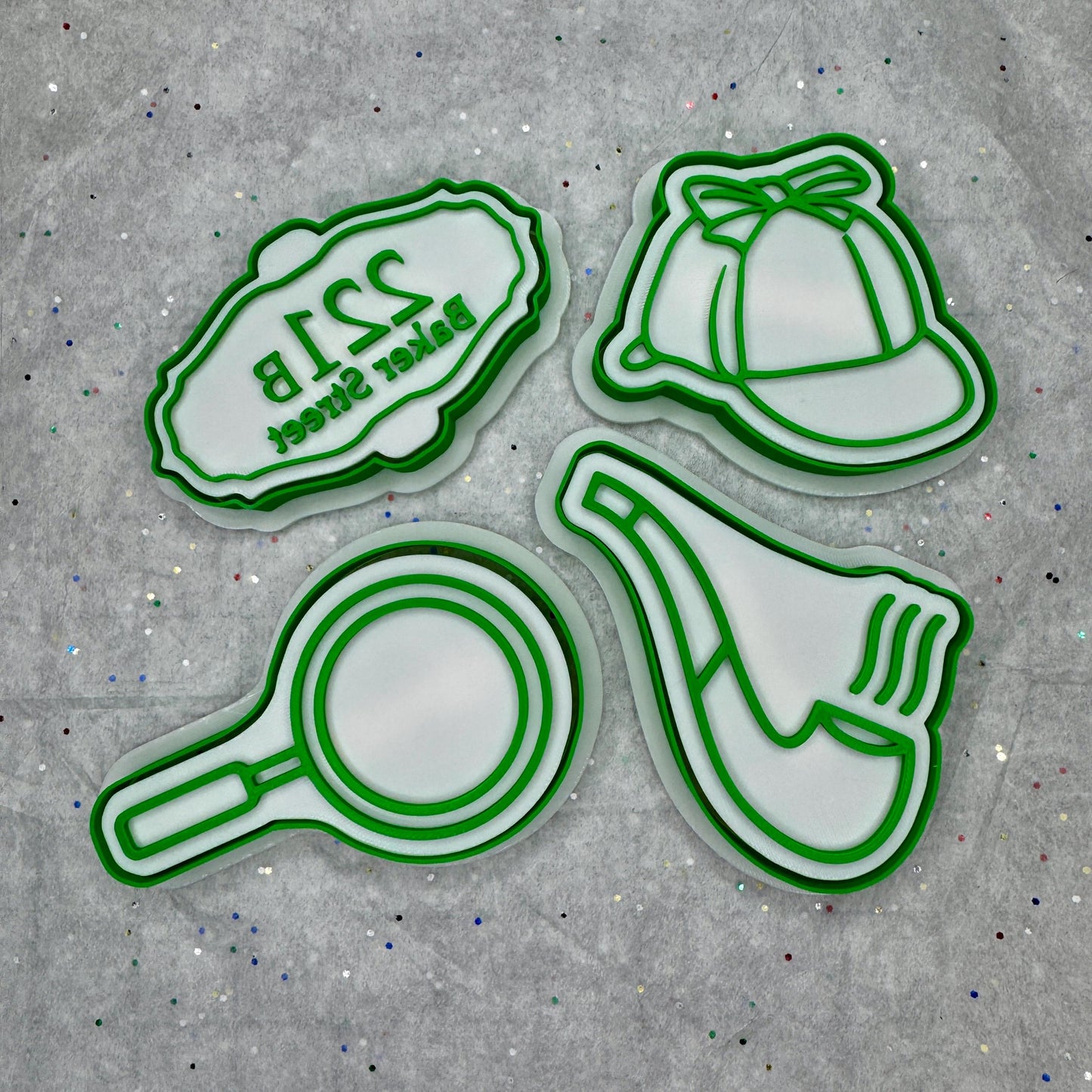 Sherlock Holmes Cookie Cutters – 221B, Deerstalker, Magnifying Glass, Pipe