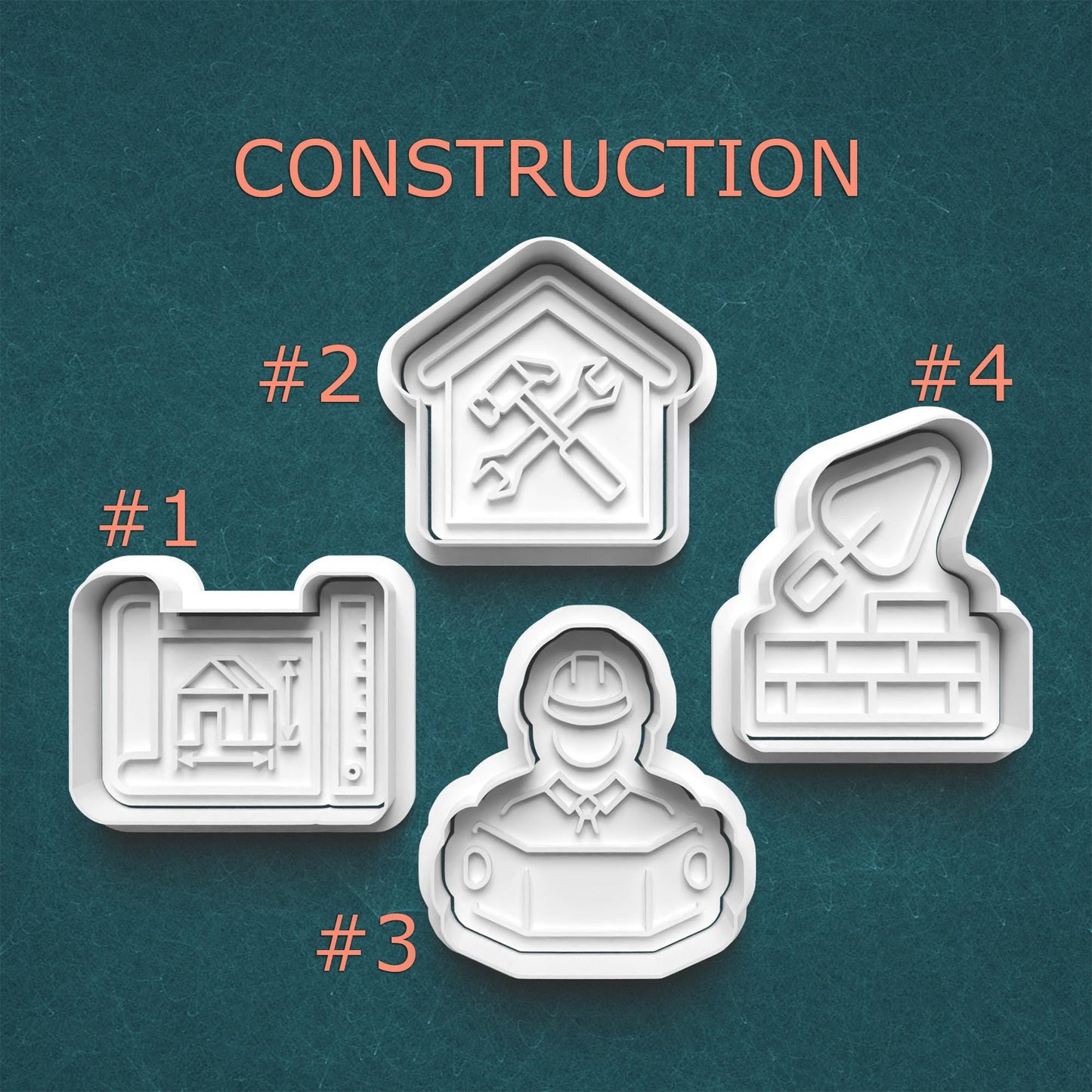 Four construction-themed cookie cutters on a teal background with 'CONSTRUCTION' text above.