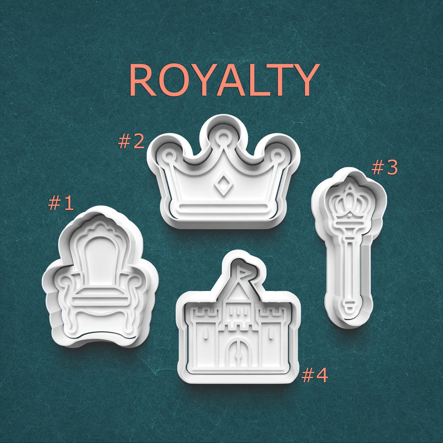 Set of cookie cutters shaped like a throne, crown, castle, and scepter on a teal background with 'ROYALTY' text.
