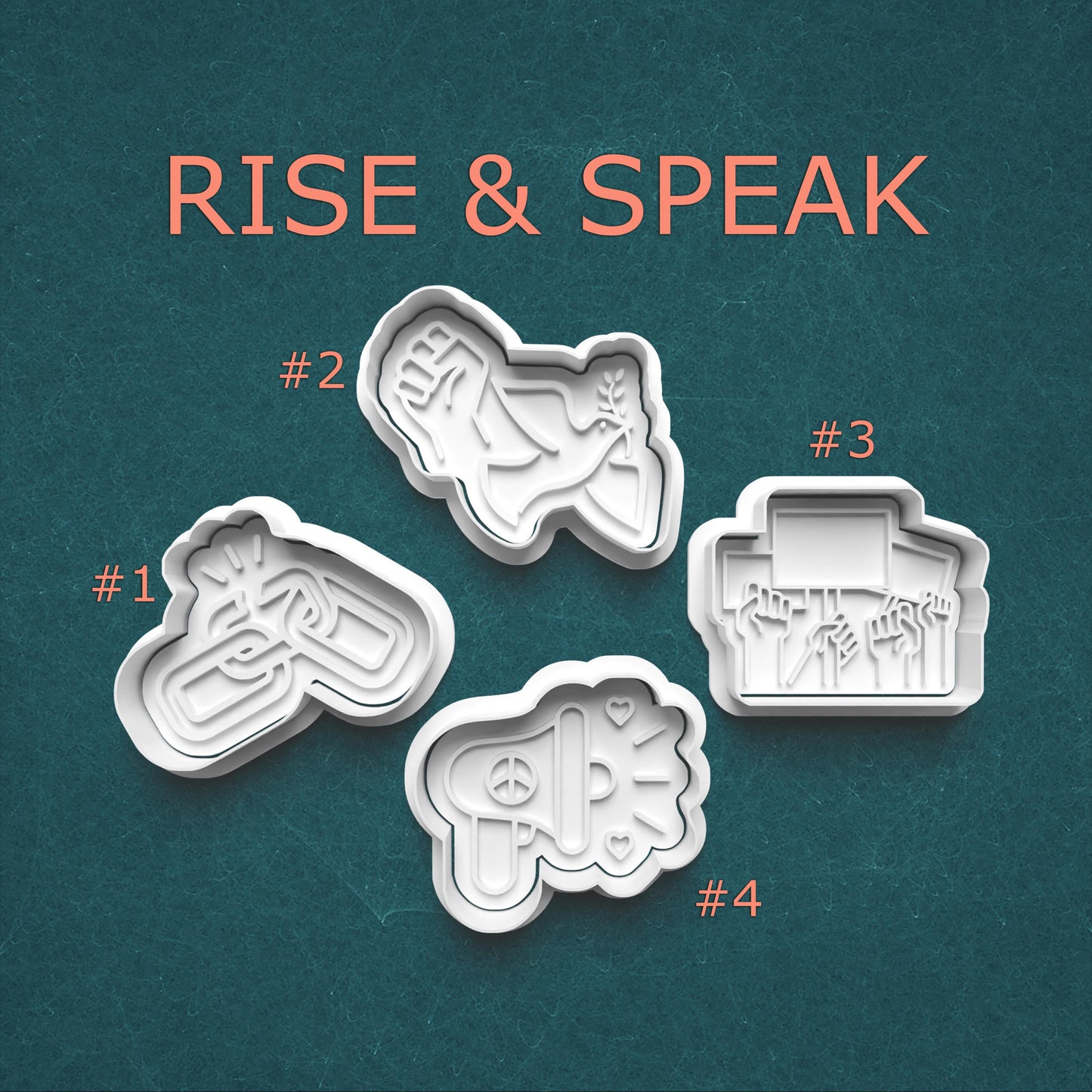 Four cookie cutters with different designs on a teal background, featuring the text 'RISE & SPEAK'.