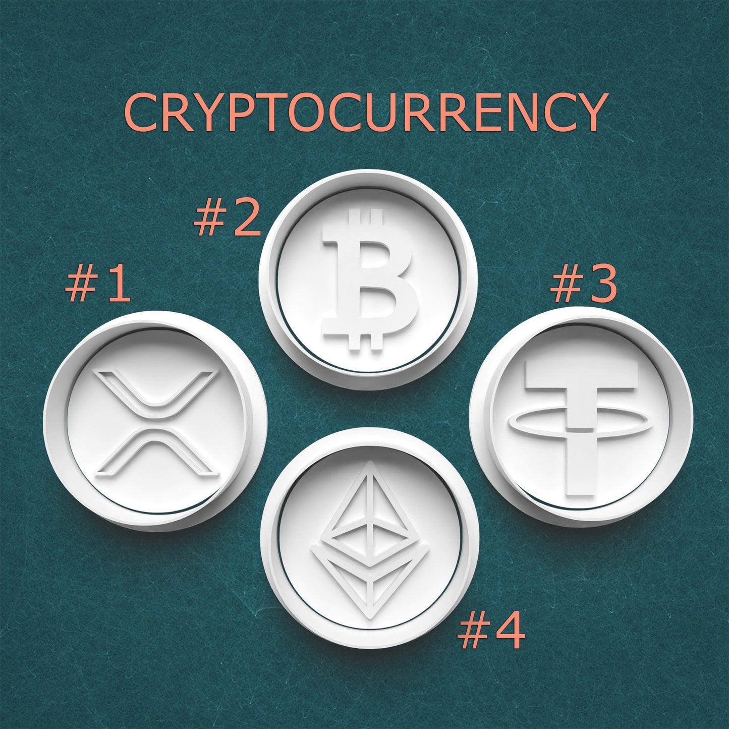 Four cryptocurrency symbols on a textured teal background with 'CRYPTOCURRENCY' text.