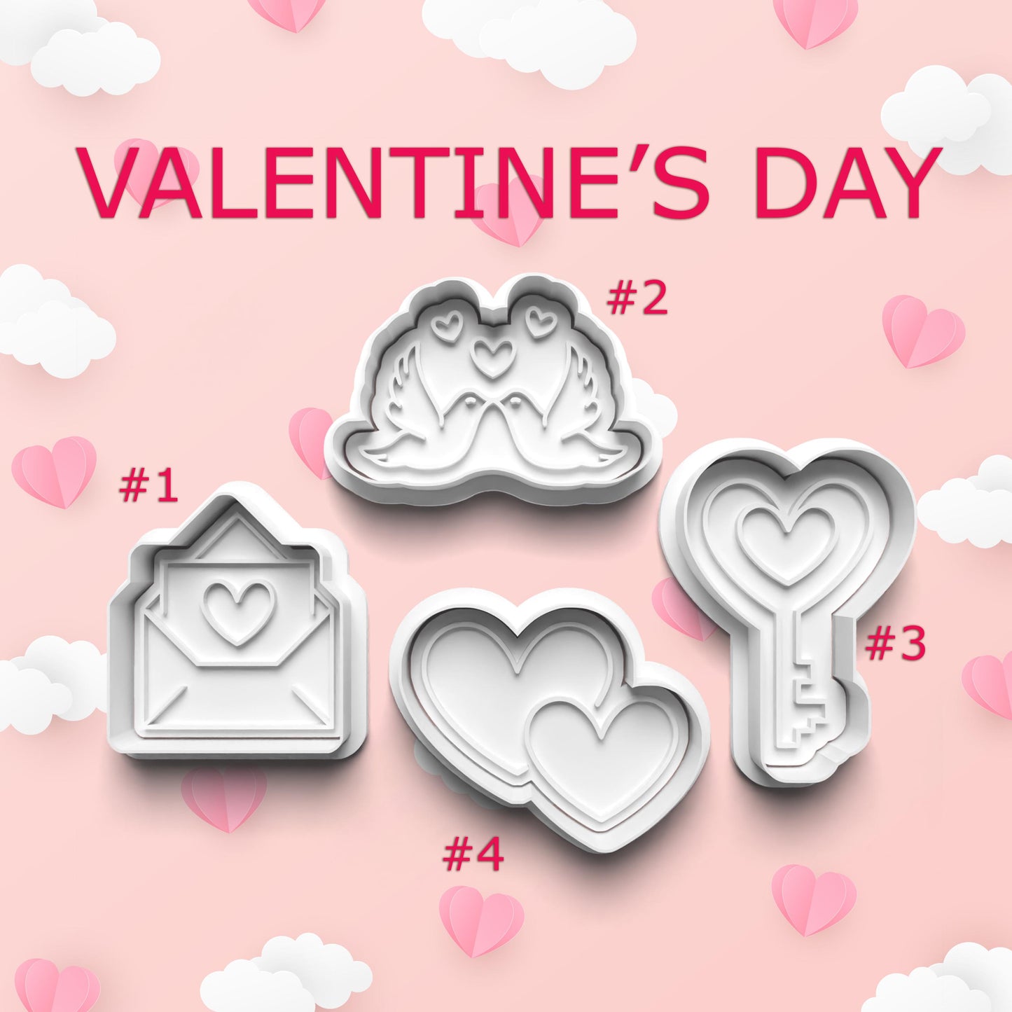 Valentine's Day cookie cutters on a pink background with hearts and clouds.