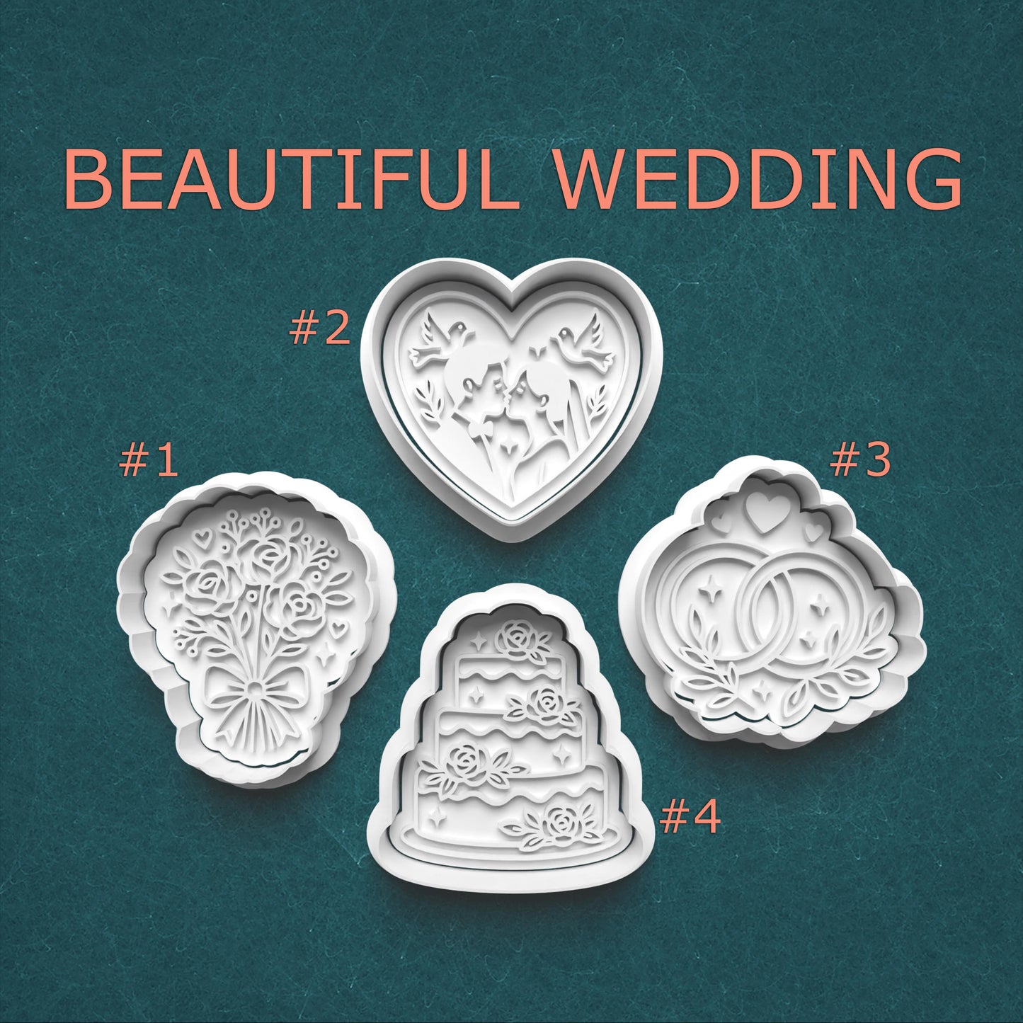 Set of four wedding-themed cookie cutters on a teal background with 'Beautiful Wedding' text.