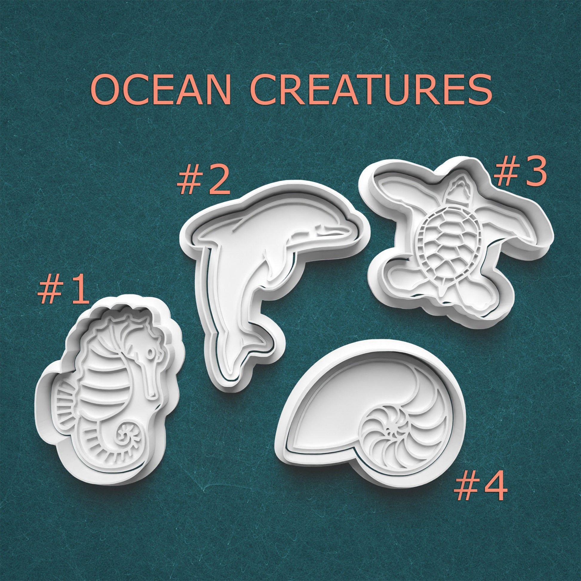 Set of ocean creature cookie cutters on a teal background with 'OCEAN CREATURES' text.