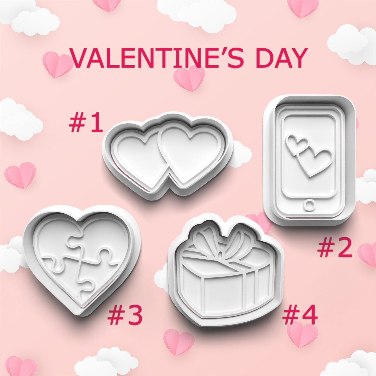 Valentine's Day cookie cutters on a pink background with hearts and clouds.