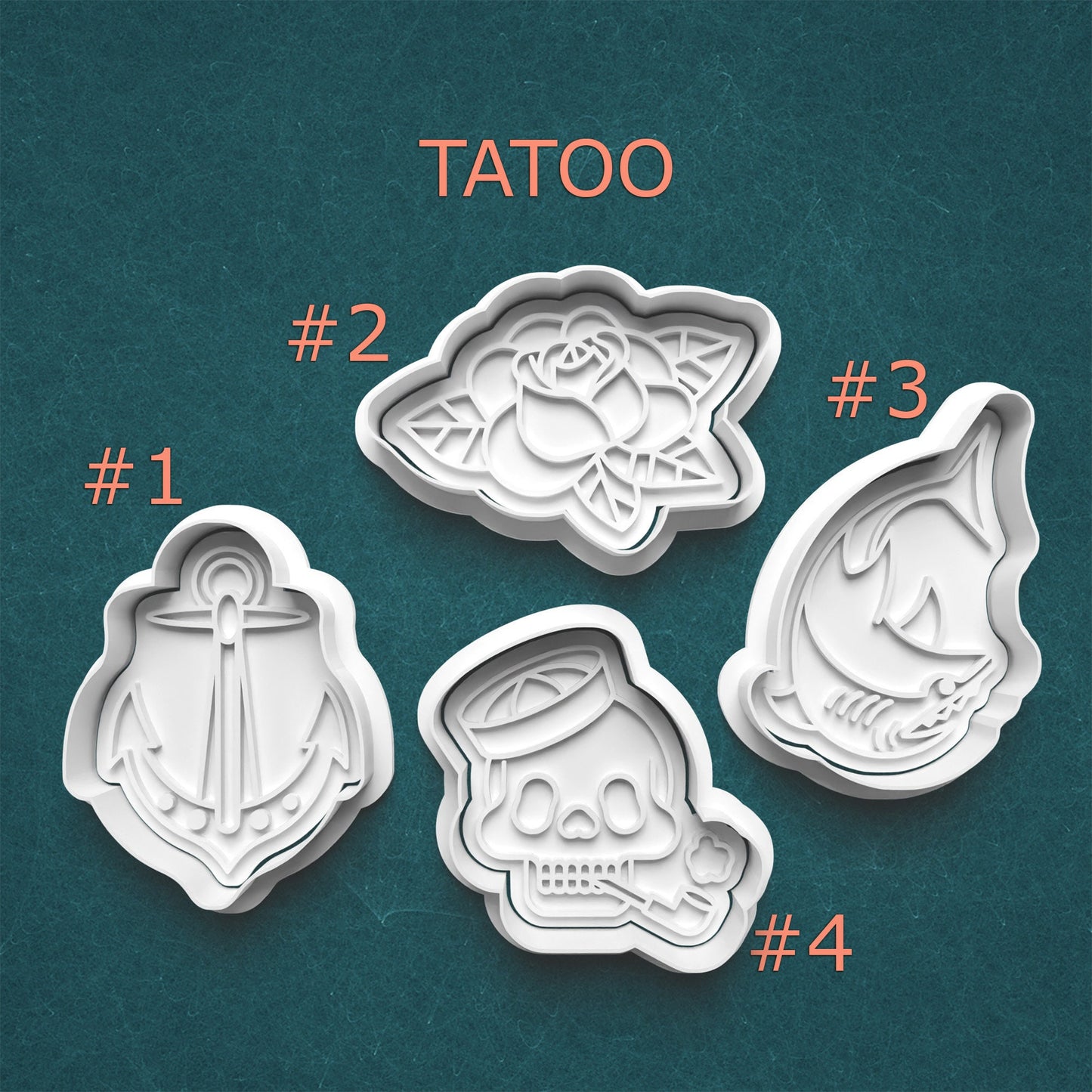 Four tattoo-like designs on a textured teal background