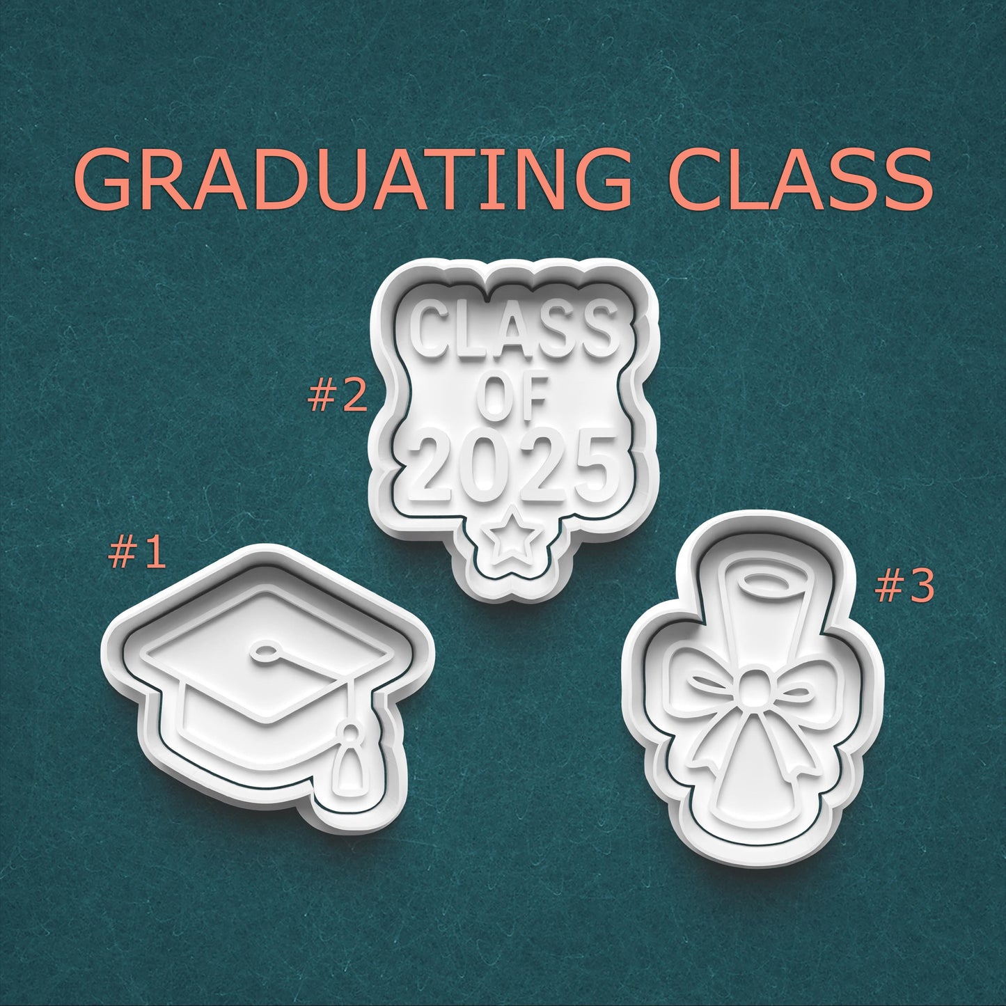 Three cookie cutters with graduation-themed designs on a teal background.