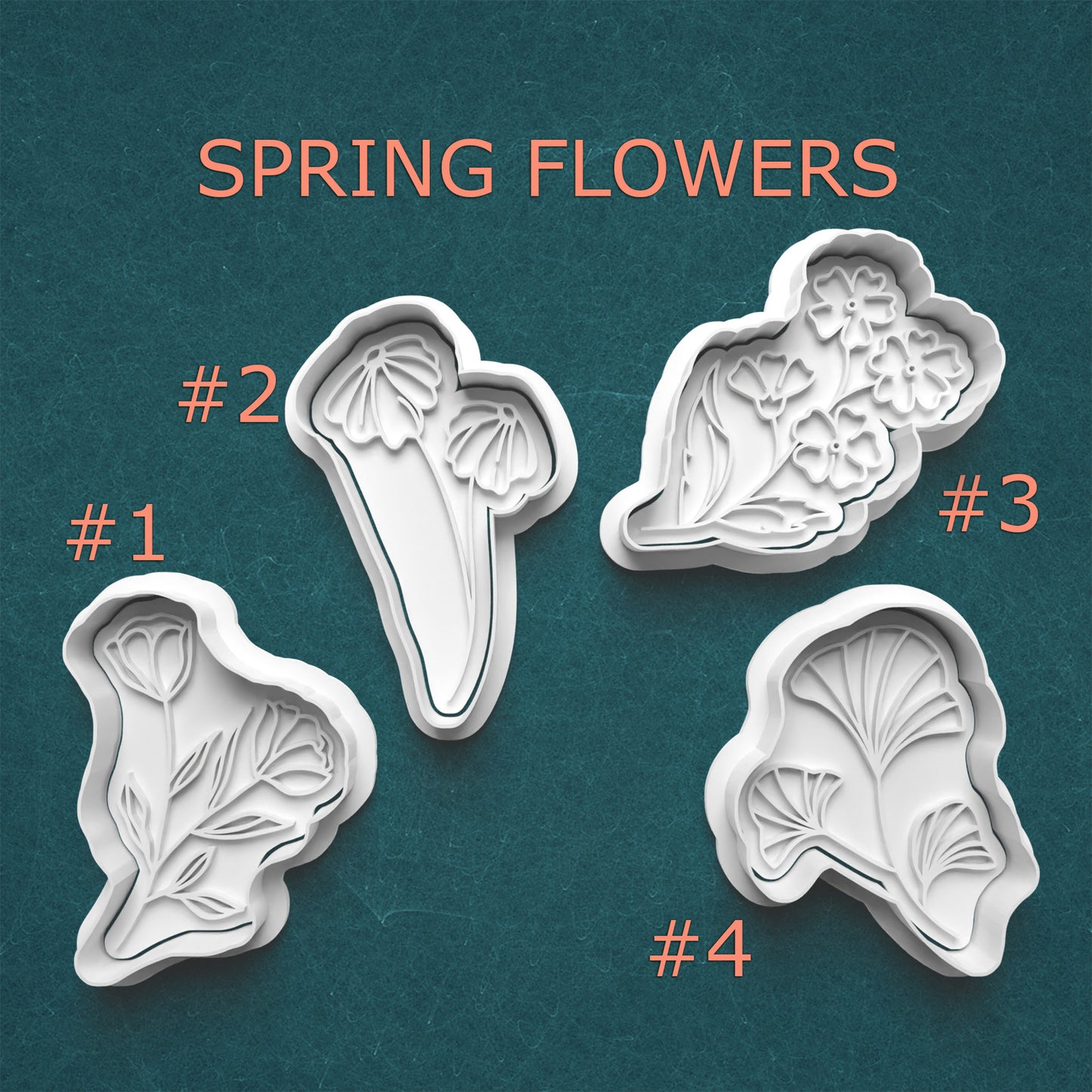 Set of four spring flower-shaped cookie cutters on a teal background
