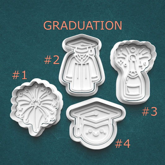 Graduation Cookie Cutters – Fireworks, Gown, Champagne & Grad Face