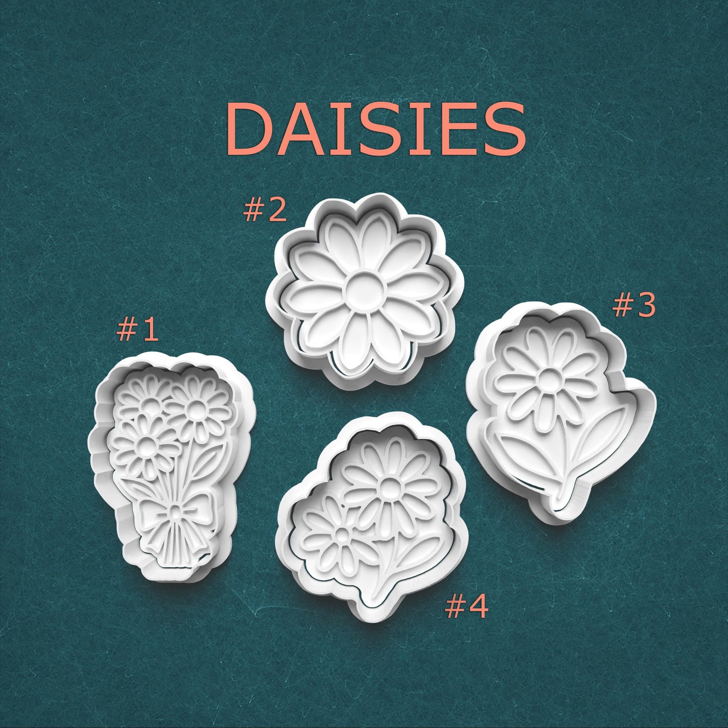 Set of four floral cookie cutters labeled with numbers on a teal background