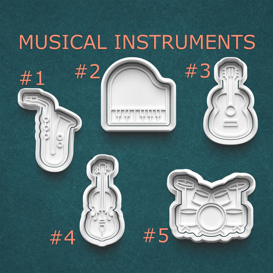 Musical Instruments Cookie Cutter Set – 5 Designs (Saxophone, Piano, Guitar, Violin, Drums)