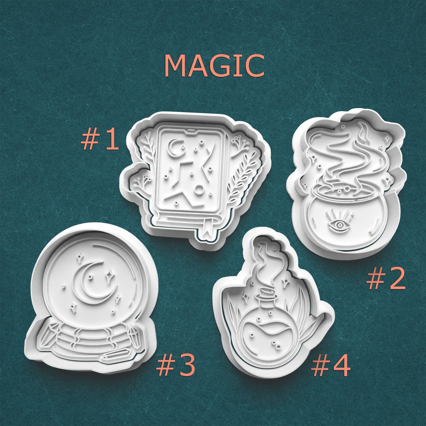 Four magical-themed cookie cutters on a teal background with 'MAGIC' at the top.