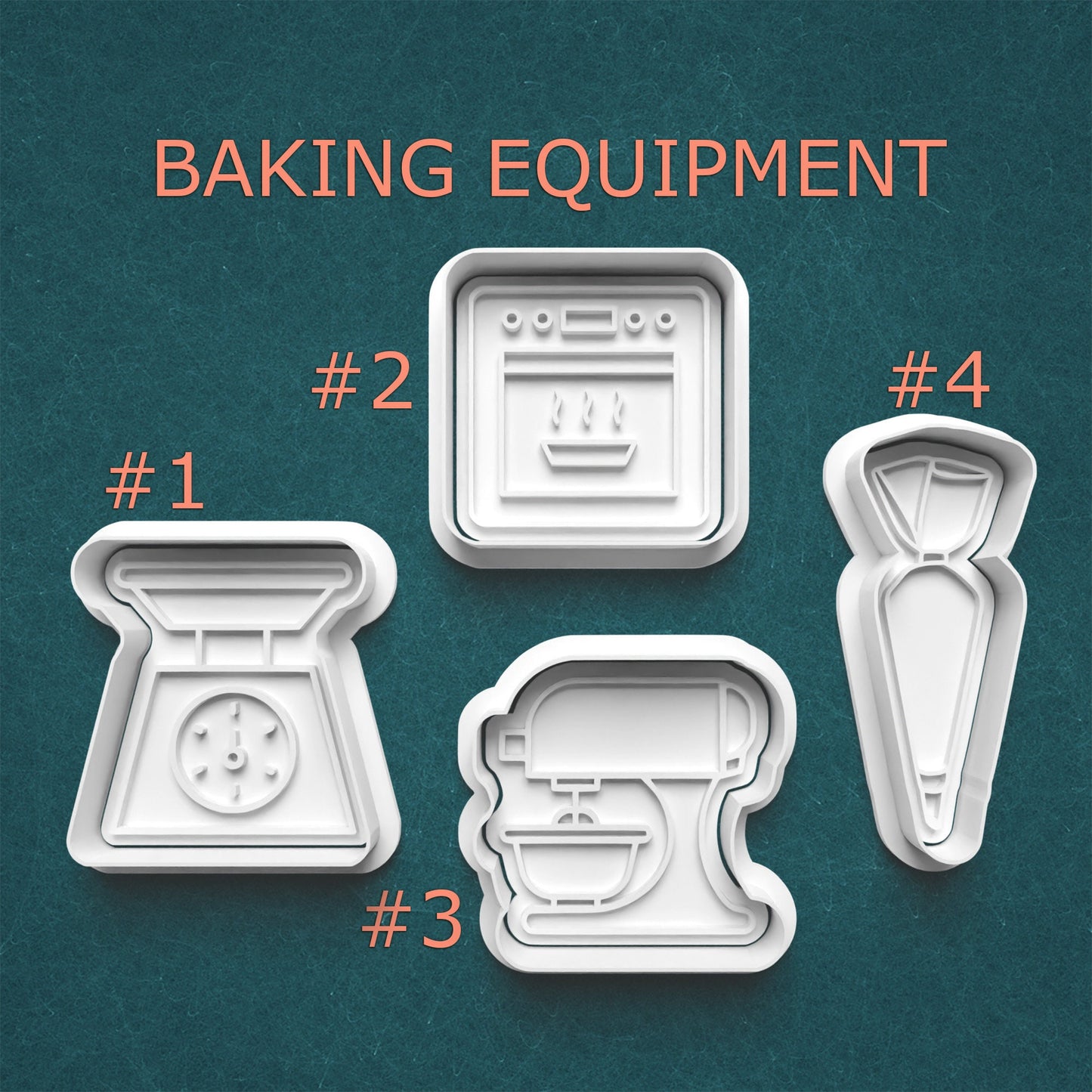 Set of baking equipment cookie cutters on a teal background with 'BAKING EQUIPMENT' text.