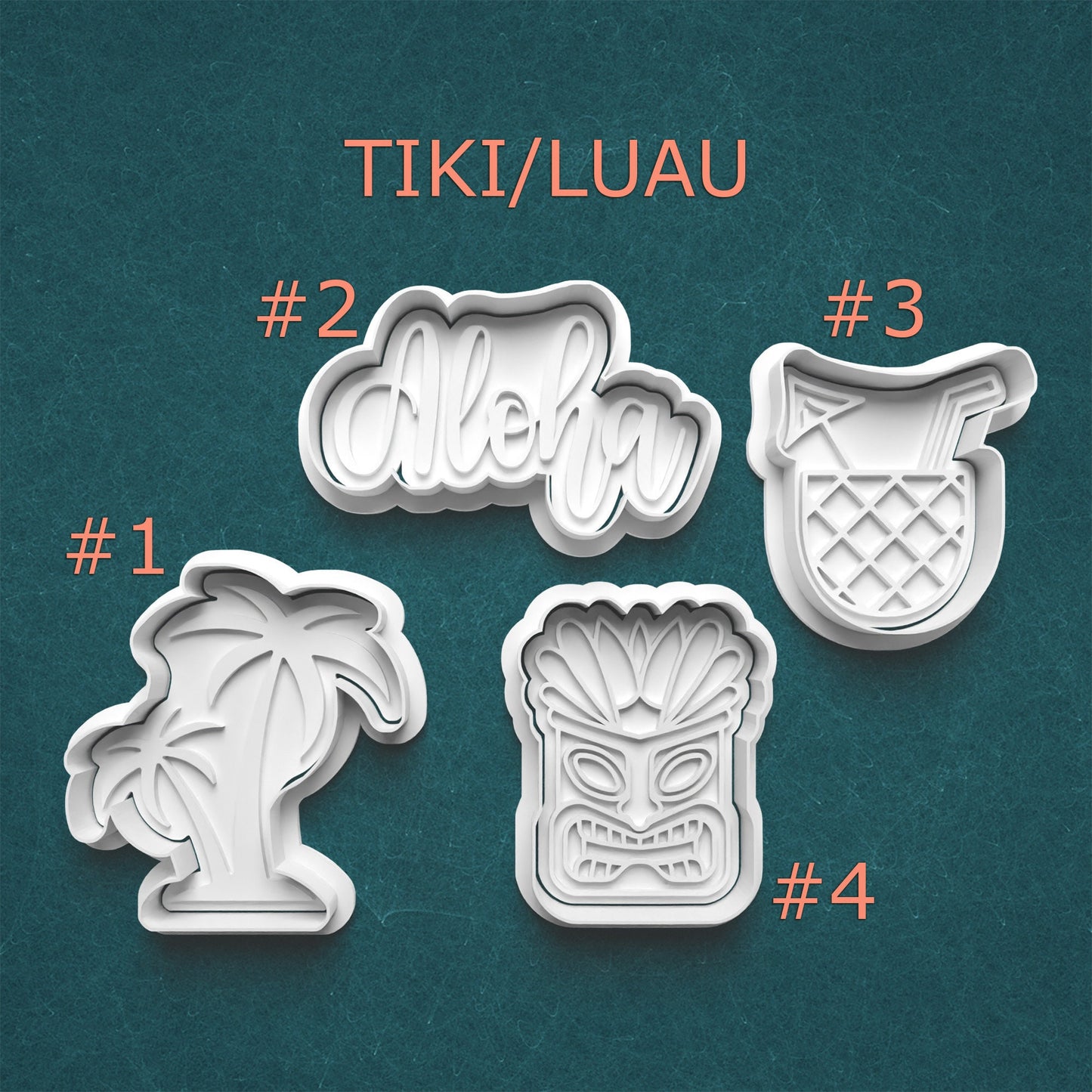 Set of four tiki-themed cookie cutters on a teal background with 'TIKI/LUAU' text.