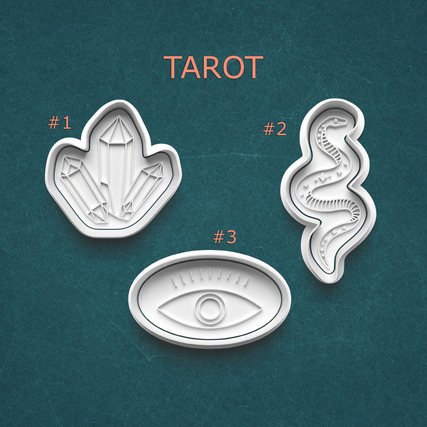 Three tarot card design elements on a teal background with 'Tarot' text above.