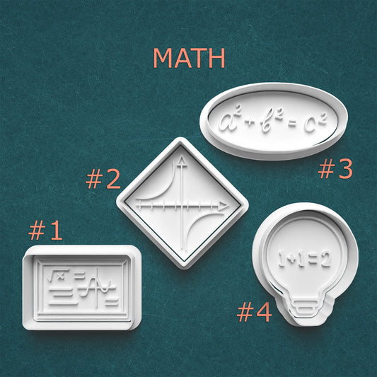 Math-themed cookie cutters on a teal background