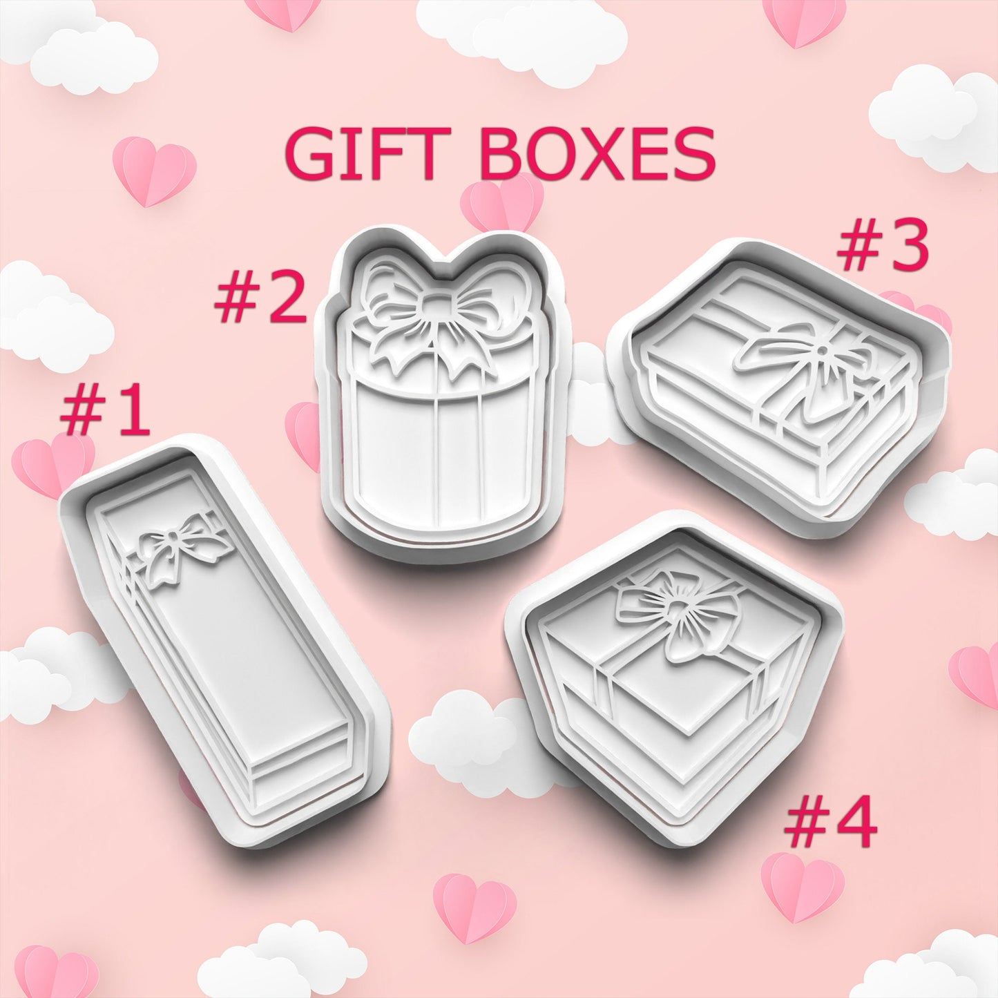 Set of four gift box-shaped cookie cutters on a pink background with hearts and clouds.