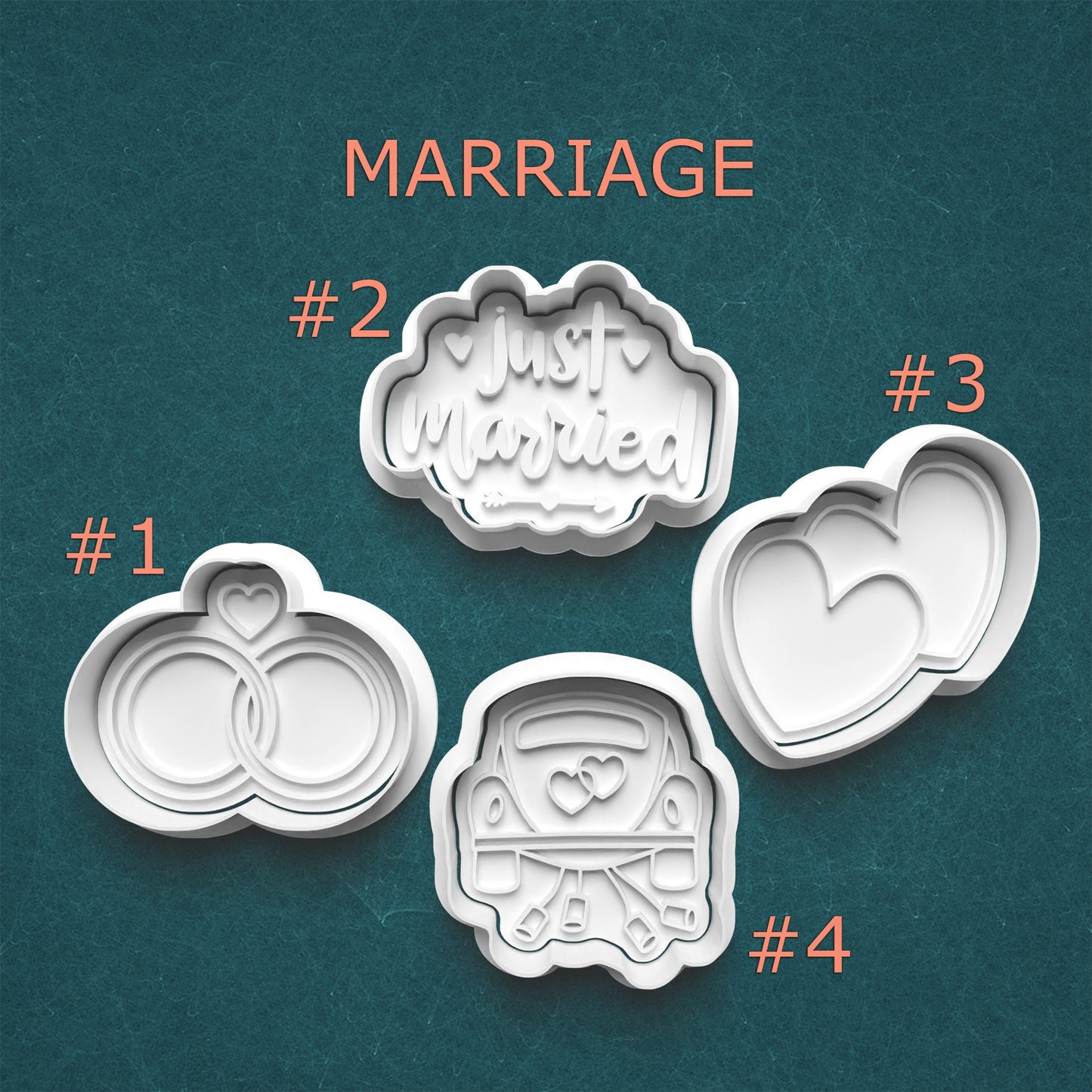 Set of cookie cutters with marriage-themed designs on a teal background