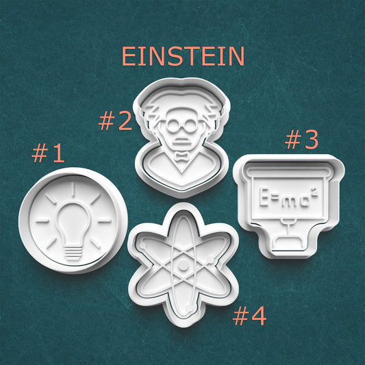 Set of cookie cutters with Einstein-themed designs on a teal background