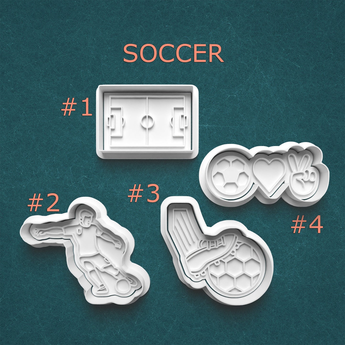 Set of soccer-themed cookie cutters on a teal background