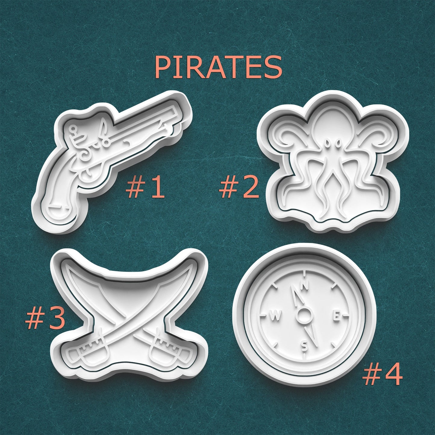 Four pirate-themed cookie cutters on a teal background with 'PIRATES' text at the top.