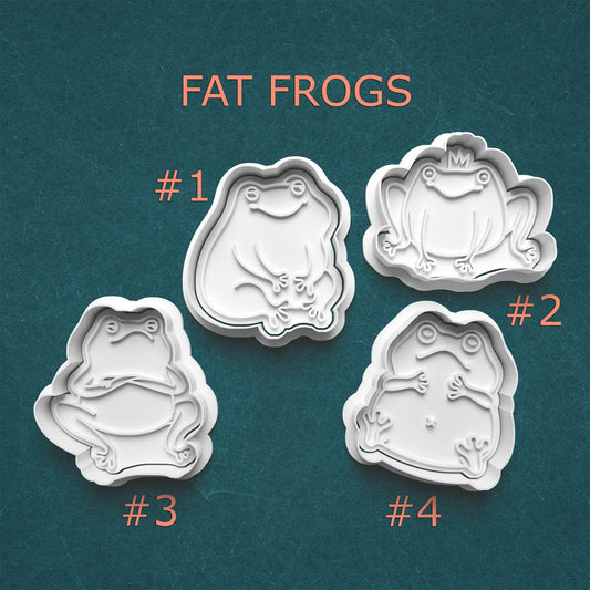 Four frog-shaped cookie cutters on a teal background with 'Fat Frogs' text above.