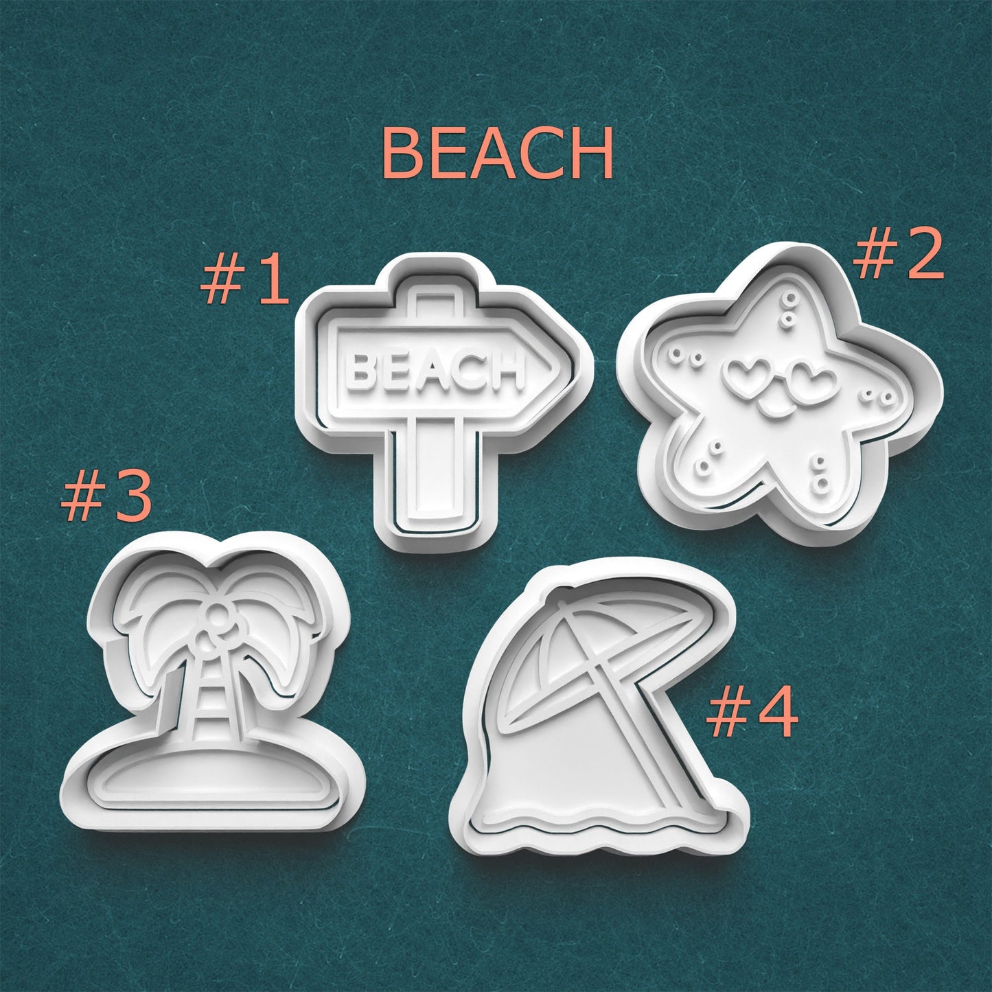 Set of four beach-themed cookie cutters on a teal background