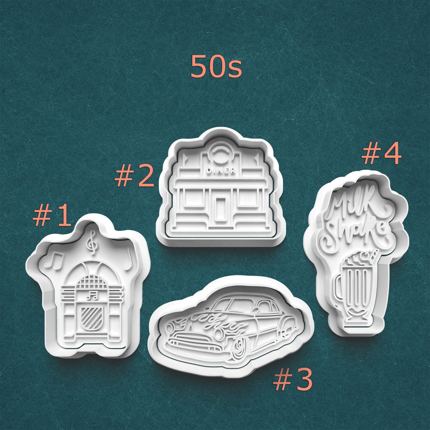 Set of four cookie cutters with 1950s-themed designs on a teal background.