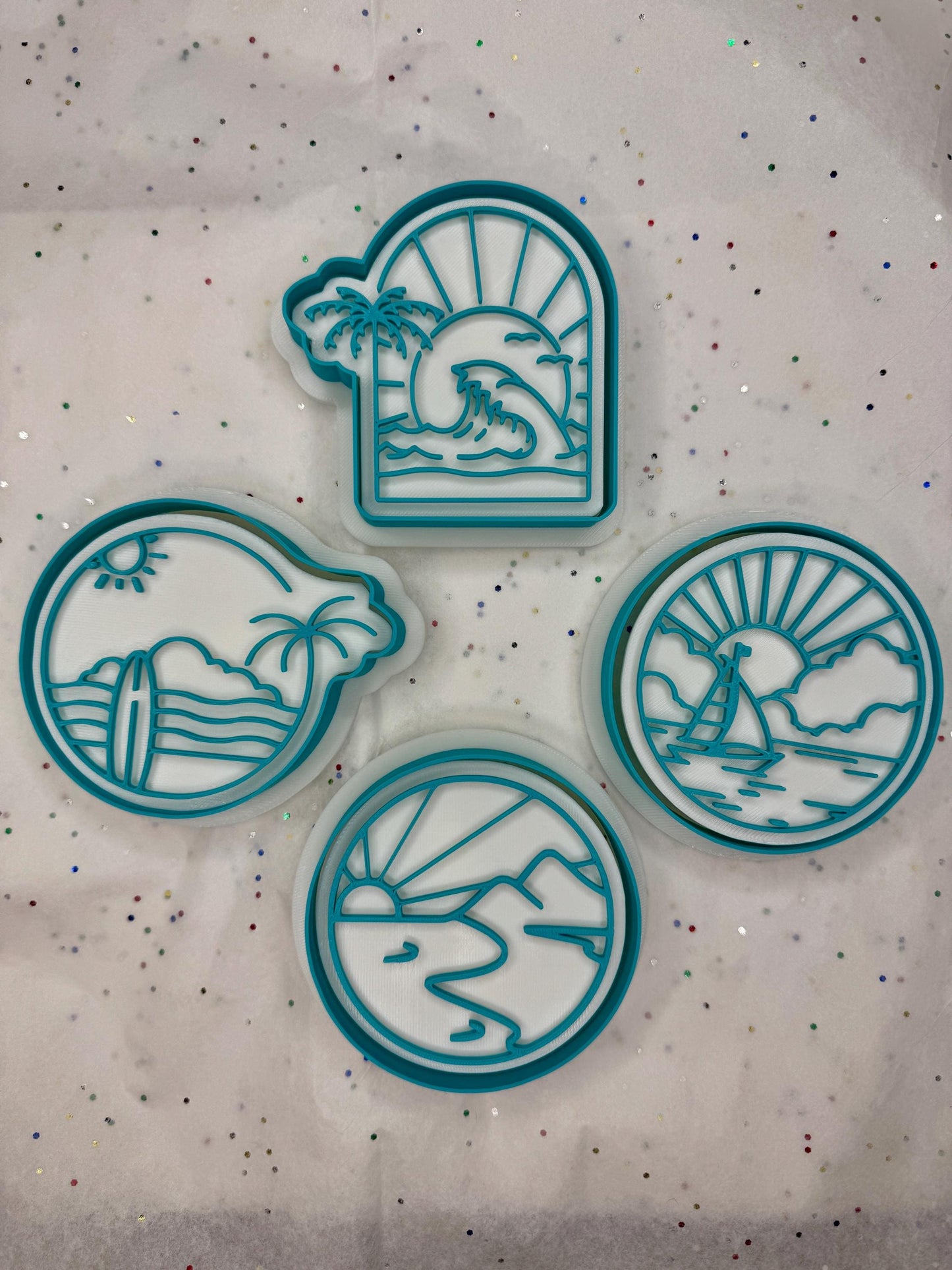 Beach Cookie Cutter Set – 4 Tropical Ocean Scene Shapes (Sunset, Surf, Sailboat, Waves)